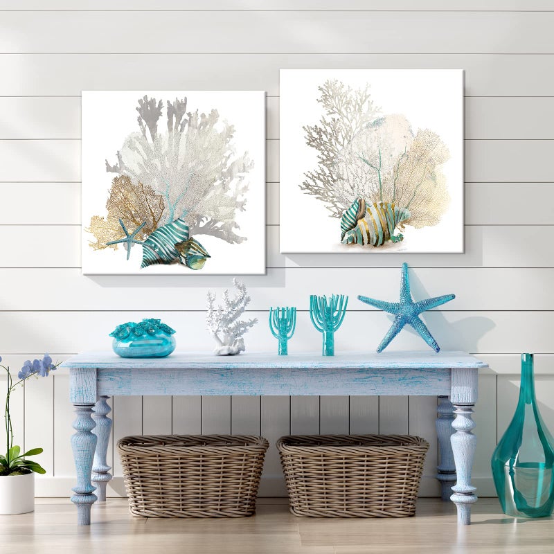 JAPO ART White Coral Wall Art Beach Bathroom Decor Sea Shell Pictures Coastal Wall Decor Sea Fan Nautical Painting Coral Pictures for Livingroom Bedroom Home Walls 16x16 x2pcs - Image 4